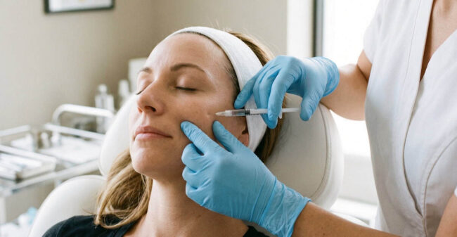 Close up of female patient receiving cheek filler injection at aesthetic medicine clinic. Professional dermatologist performing anti-aging skin rejuvenation treatment with syringe. Ozempic Face