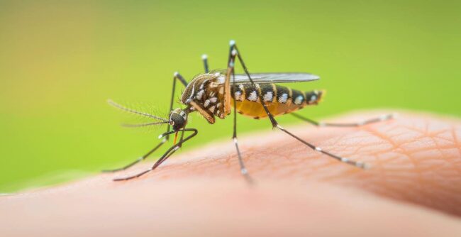 Close-up of a mosquito on skin, dengue fever and malaria. Dengue Fever